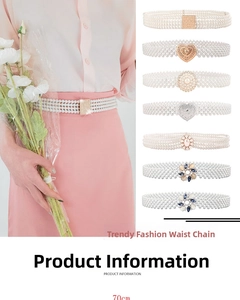 Detail view of seven elegant pearl waist chain designs for dresses with 70cm elastic length