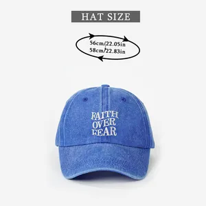 Size guide for blue washed denim baseball cap featuring Faith Over Fear embroidery