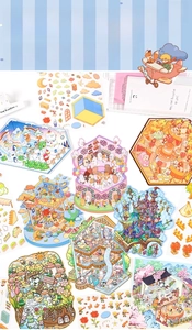 Detailed spread of 3D miniature scene stickers featuring castle and forest theme designs