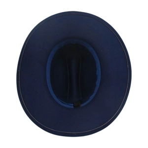 Top view of navy blue wool felt fedora showing inner sweatband and product label