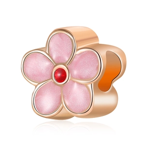 Pink enamel flower bead charm with red gemstone center for DIY bracelet making