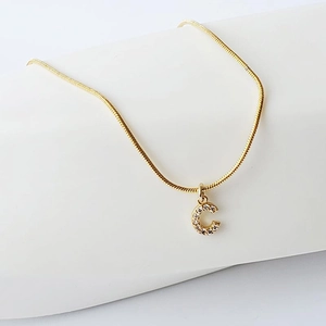 Detailed macro view of a gold-toned snake chain featuring a crystal-set letter C pendant