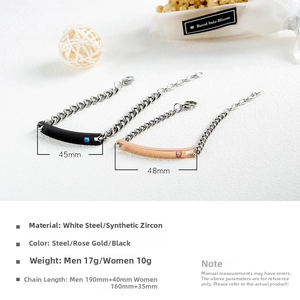 Detailed size specifications for couple's bar bracelets in black and rose gold steel