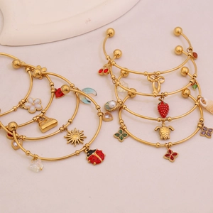 Stainless Steel Open Bangle With Multi Element Charms Fashion Elegant Gold Plated Jewelry For Women