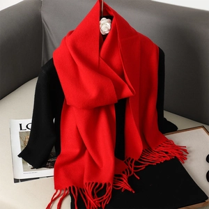 Elegant red cashmere-feel winter scarf with tassels, soft warm shawl for women
