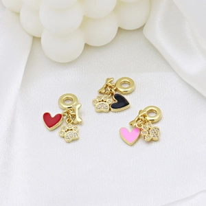 Gold-plated heart and paw charm pendants with colorful enamel and zircon inlay