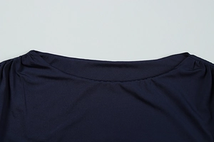 Detailed view of the elegant deep blue wide neckline with professional stitching