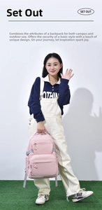 Pink minimalist nylon backpack featuring multiple functional compartments and side straps