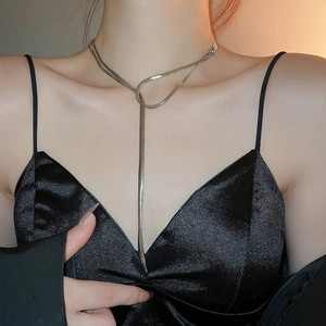Close-up of a silver-toned long adjustable snake chain necklace with knot detail
