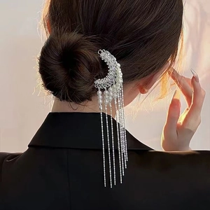 Moon Shaped Hair Stick With Long Artificial Pearl Tassel Alloy Retro Chinese Style U-Shaped Hair Fork Bun Decoration For Women