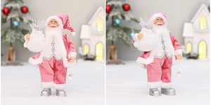 Détail du Père Noël en velours rose avec bottes argentées tenant un sac cadeau et lanterne