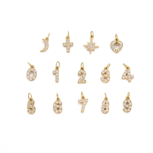 Gold plated number charms and celestial symbols with inlaid diamonds for jewelry making