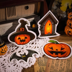 Creative Halloween stickers set with pumpkins and bats on a vintage background