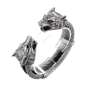 Wolf Head Cuff Bangle Stainless Steel Braided Cable Wire Punk Viking Style Men Vintage Animal Jewelry