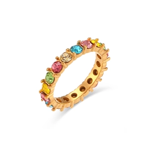 18K gold plated stainless steel ring with colorful micro-set zircons on white background