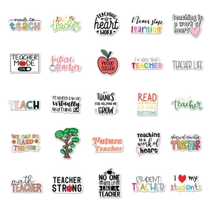 Detailed grid of 25 colorful vinyl teacher-themed stickers for laptops and water bottles