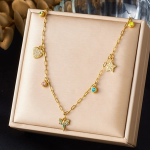 Chic gold-plated dragonfly necklace with colorful zircon heart and star pendants