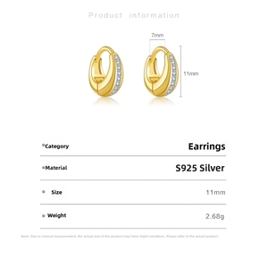 Detail view of S925 sterling silver hoop earrings with zircon, size 11mm by 7mm
