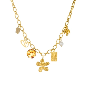 Collier boho en acier doré avec breloques soleil, cœur, fleur et imprimé léopard