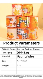 Macro detail of Harvest Festival ribbon rolls with pumpkin patterns and fabric texture