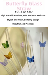 Detail of colorful butterfly heat-resistant borosilicate glass straws in multiple vibrant colors