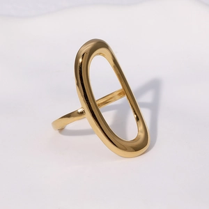 Minimalist gold plated stainless steel ring with a vertical hollow oval design for women
