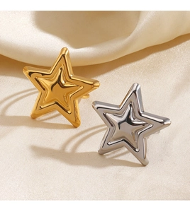 Detail view of gold and silver pentagram rings with high-polished relief stars on satin