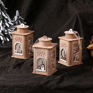 Christmas Wooden Lantern Led Light Laser Cut Hollow Out Hanging Desktop Ornament Santa Snowman Reindeer Pattern Festive Decor