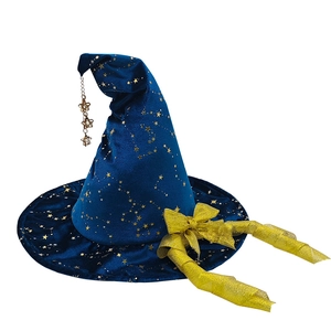 Navy blue velvet witch hat with gold stars and ribbon for Halloween party decoration