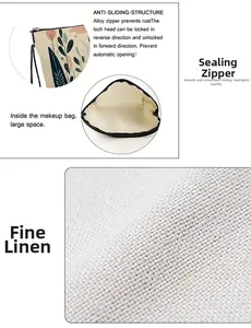 Macro details of fine linen makeup bag featuring botanical leaf pattern and metal zipper