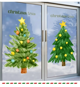 Detail of Christmas tree window stickers with stars and colorful ornaments on glass door