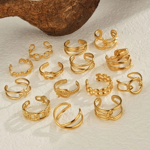 Vintage Stainless Steel 14K Gold Plated Open Ring For Women Irregular Geometric Knot Leaf Chain Adjustable Fashion Jewelry Gift