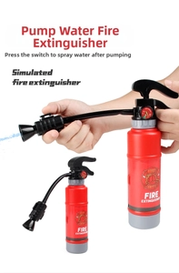 Detail of red fire extinguisher water gun toy with spray nozzle and hand grip operation