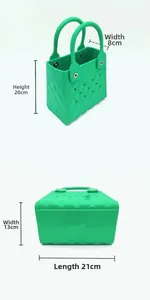 Detail view of grass green EVA handbag showing hollow holes and diamond texture pattern