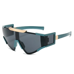 Cyberpunk dark green sports sunglasses with large grey one-piece lens and gold metal accents