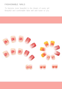 Detail of short press-on nails featuring grapefruit textures and silver glitter accents