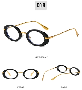 Detailed views of oval retro sunglasses with black frames and gold metal bridges