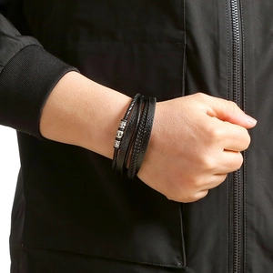 Handmade multi-layer braided leather bracelet for men with metal beads and magnetic clasp
