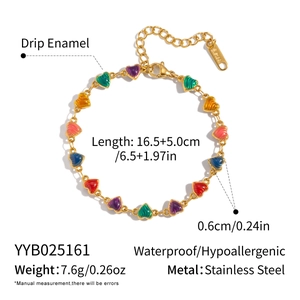 Detail view of drip enamel heart bracelet with size measurements and stainless steel specs