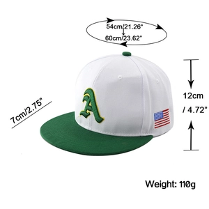 Detailed size specifications for two-tone hip-hop baseball cap with letter A embroidery