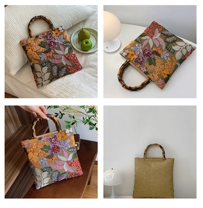 Detailed four-view display of a linen handbag with bamboo handles and floral embroidery