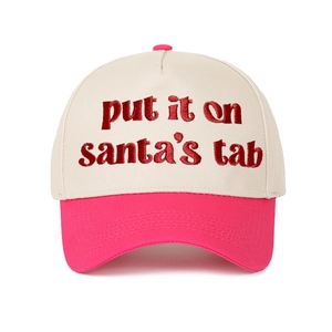 Detail of red Santa's Tab embroidery on beige and pink two-tone festive baseball cap