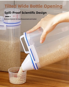 Detail of transparent grain container with measuring cup lid and 180ml scale markings
