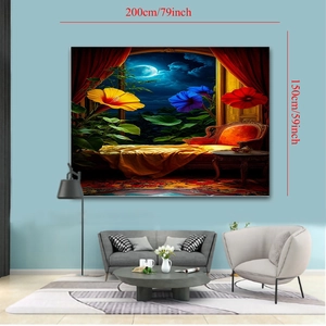 Detailansicht des 200x150cm surrealen Nacht-Blumen-Wandteppichs in modernem Wohnzimmer
