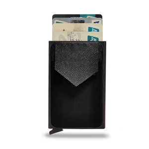 Detail of RFID metal wallet with cross-grain leather cover and pop-up card mechanism