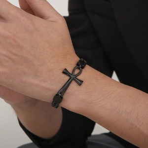 Schwarzes Edelstahl Dragonbone Schlangenkette Armband mit Ankh Kreuz für Herren