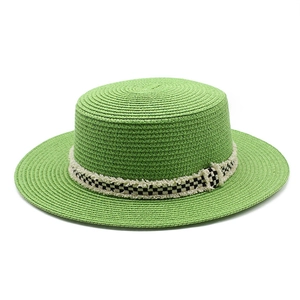 Chapeau Boater En Paille Pour Femmes Bord Large Protection Solaire Plage Été Vacances Ruban Damier Bord Effiloché Rétro
