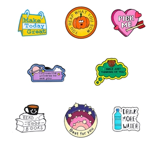 Set of 8 colorful enamel pins with motivational quotes like Make Today Great and Read Good Books