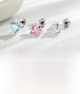 Detailed view of silver heart zircon stud earrings with 0.8x6mm steel screw posts