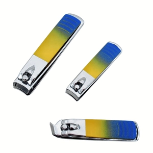 Three-piece stainless steel nail clippers with yellow and blue gradient handles detail